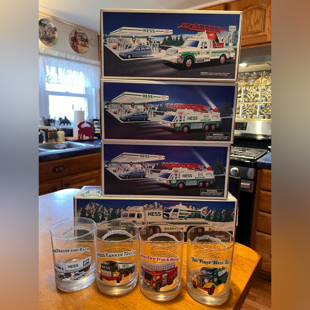 4 MIB 1990s Hess Trucks Bundle plus Set of 1996 Hess Truck Glasses, Mint